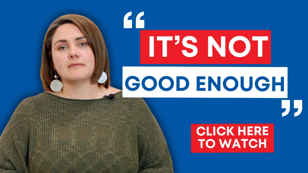 Image features NSWNMA General Secretary Shaye Candish besides the quote "it's not good enough." A "click here to watch" button is featured below. 